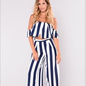 Off the shoulder crop with wide leg pant set.
